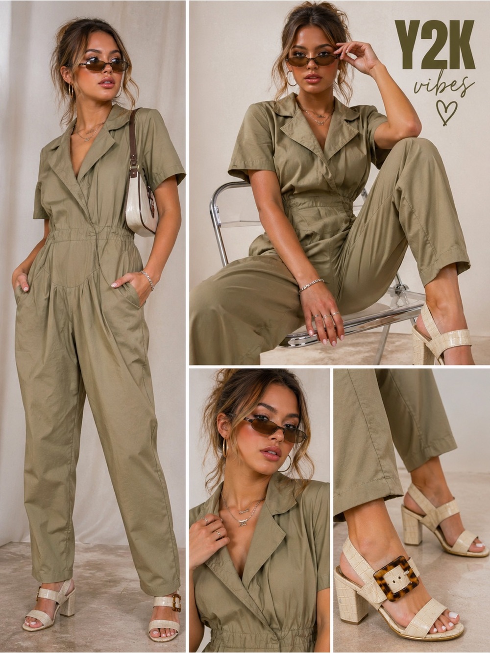 Vintage MIZZ LIZZ  Minimalist Utility  Gorpcore Khaki Pocket Jumpsuit M/L